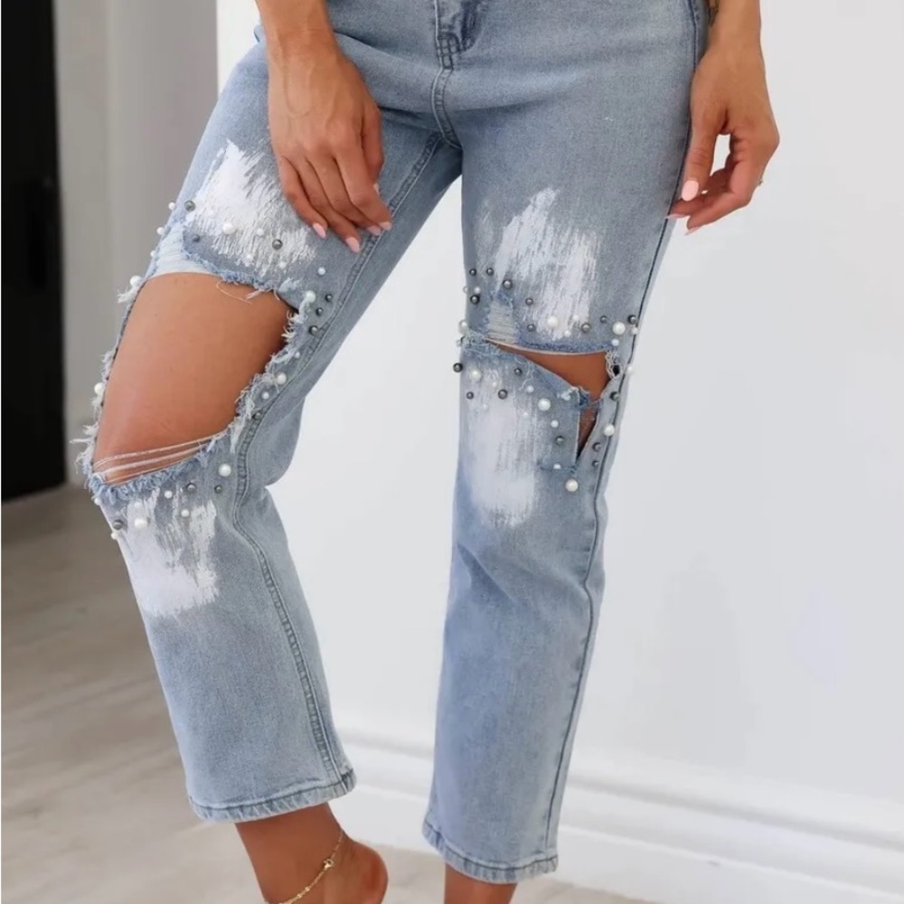 Bibi Pearl Distressed Women’s -High Rise  Straight Jeans - Small